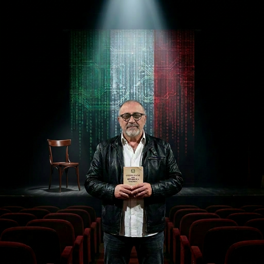 Locandina dello spettacolo Articolo Zero — un uomo in scena sotto un fascio di luce tricolore
